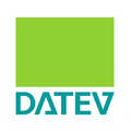 DATEV Logo mit grünem Quadrat und blauem Schriftzug.