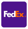 FedEx Logo, weißer und oranger Text auf lila Hintergrund.