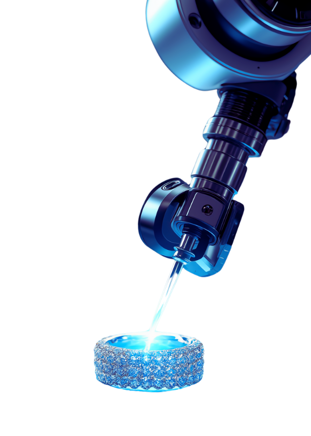 Roboterarm mit blauem Laserstrahl auf glitzernder, zylindrischer Form.